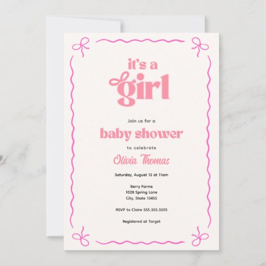Retro Boog Roze Baby Meisje Shower Uitnodiging (Voorkant)