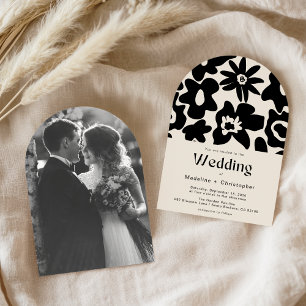 Retro Boog Vetgedrukte Bloemen Foto Huwelijk Kaart