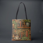 Retro book lover art tote bag<br><div class="desc">A cozy retro-inspired design featuring a charming bookshelf filled with vintage books,  delicate botanical accents,   and a comforting cup of tea or coffee.</div>