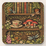 Retro book shelf mushrooms coffee floral  bier onderzetter<br><div class="desc">A cozy retro-inspired design featuring a charming bookshelf filled with vintage books,  delicate botanical accents,  dragonflies,  butterflies,  mushrooms and a comforting cup of tea or coffee.</div>