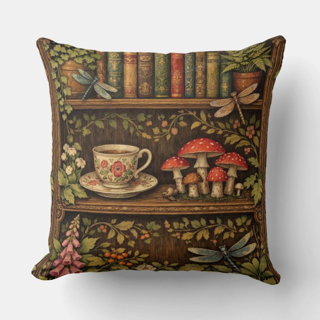 Retro book shelf mushrooms coffee floral  kussen (Voorkant)