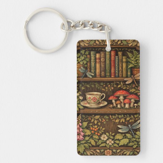 Retro book shelf mushrooms coffee floral  sleutelhanger (Voorkant)