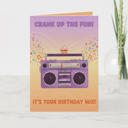 Retro Boombox "Crank Up The Fun" Birthday Card Kaart (Voorkant)