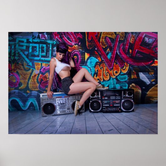 Retro Boombox Girl door Bill Tracy Poster (Voorkant)