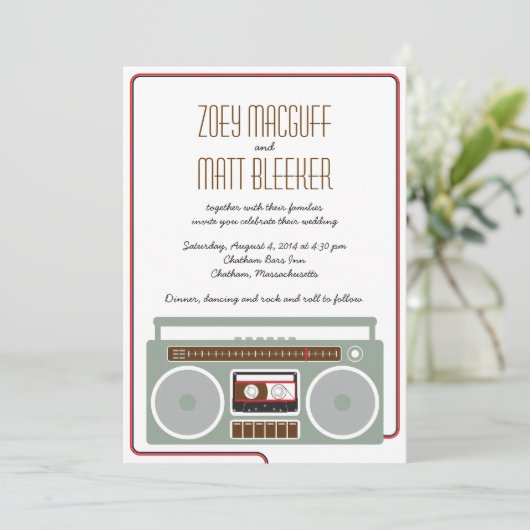 Retro Boombox Indie Mixtape Bruiloft Rood / Zwart Kaart (Staand voorkant)