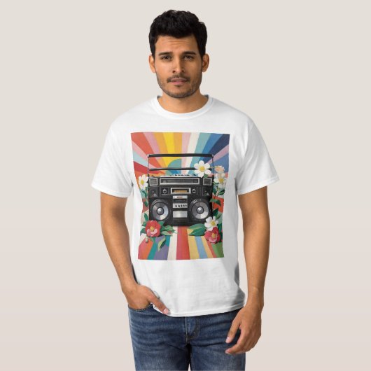 Retro Boombox With Rainbows And Flowers T-shirt (Voorkant volledig)