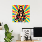 Retro Boomer Hippie Dame geeft Vredesteken Poster (Thuiskantoor)