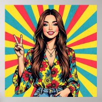 Retro Boomer Hippie Dame geeft Vredesteken