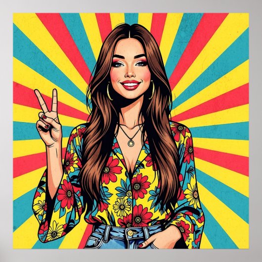Retro Boomer Hippie Dame geeft Vredesteken Poster (Voorkant)