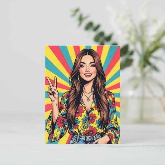 Retro Boomer Hippie Lady giving Peace Sign Briefkaart (Staand voorkant)