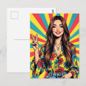 Retro Boomer Hippie Lady giving Peace Sign Briefkaart (Voorkant / Achterkant)