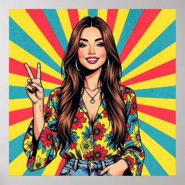Retro Boomer Hippie Lady giving Peace Sign Poster
