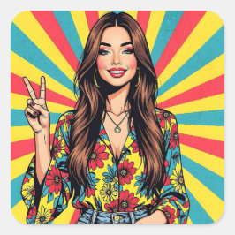 Retro Boomer Hippie Lady giving Peace Sign Vierkante Sticker
