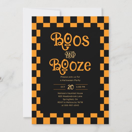 Retro Boos And Booze Halloween Checkered Orange Kaart (Voorkant)