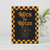 Retro Boos And Booze Halloween Checkered Orange Kaart (Staand voorkant)