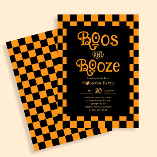 Retro Boos And Booze Halloween Checkered Orange Kaart