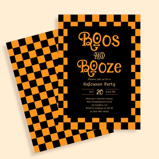 Retro Boos And Booze Halloween Checkered Orange Kaart