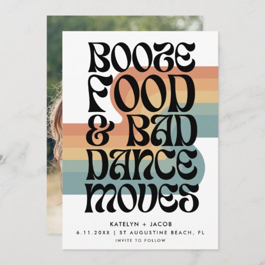 Retro Booze Food Bad Dance Moves Bruiloft Save The Date (Voorkant / Achterkant)