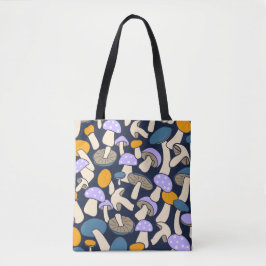 Retro bos paddenstoelpatroon Middernachtelijk bos Tote Bag