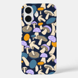 Retro bos paddestoel patroon Middernachtelijk bos iPhone 16 Hoesje