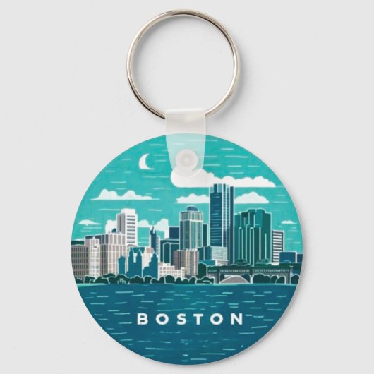  Retro Boston City Skyline, Boston City Sleutelhanger (Voorkant)