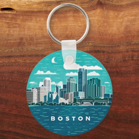 Retro Boston City Skyline, Boston City Sleutelhanger (Voorkant)