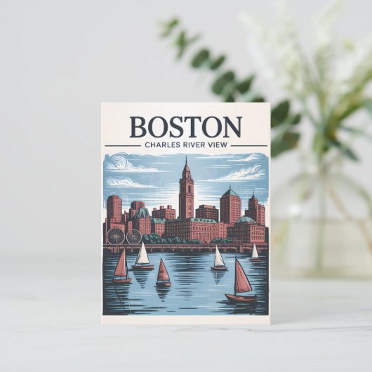 Retro Boston Sailboat Massachusetts Skyline Travel Briefkaart (Staand voorkant)
