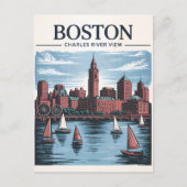 Retro Boston Sailboat Massachusetts Skyline Travel Briefkaart (Voorkant)