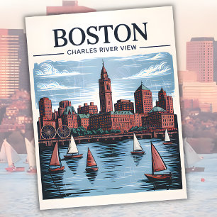 Retro Boston Sailboat Massachusetts Skyline Travel Briefkaart