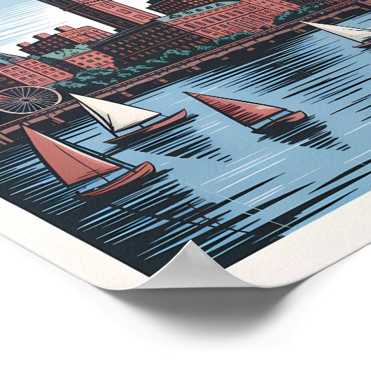 Retro Boston Sailboat Massachusetts Skyline Travel Poster (Hoek)