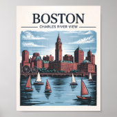 Retro Boston Sailboat Massachusetts Skyline Travel Poster (Voorkant)