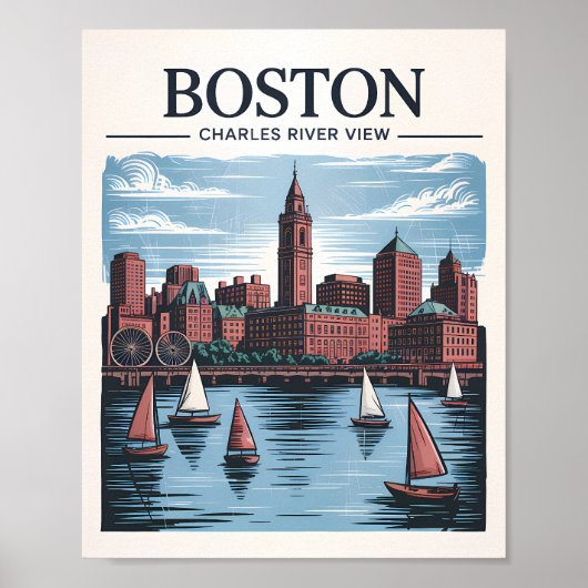 Retro Boston Sailboat Massachusetts Skyline Travel Poster (Voorkant)