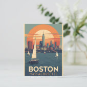 Retro Boston Silhouet & Zeilboten | Massachusetts Briefkaart (Staand voorkant)