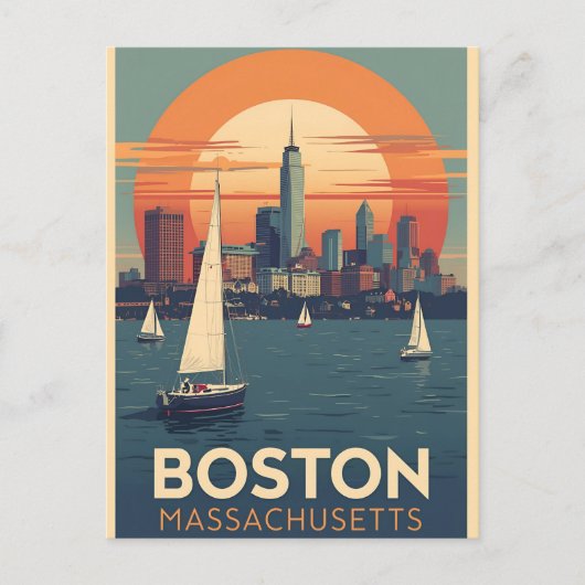 Retro Boston Silhouet & Zeilboten | Massachusetts Briefkaart (Voorkant)