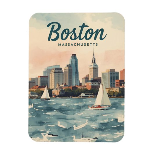 Retro Boston Silhouet & Zeilboten | Massachusetts Magneet (Verticaal)