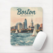 Retro Boston Silhouet & Zeilboten | Massachusetts Muismat (Met muis)