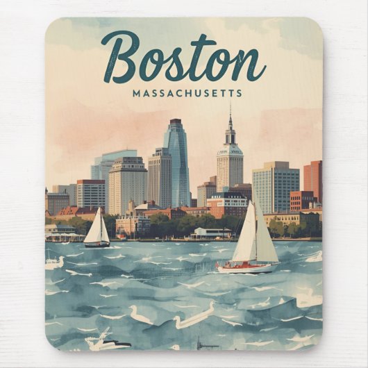 Retro Boston Silhouet & Zeilboten | Massachusetts Muismat (Voorkant)