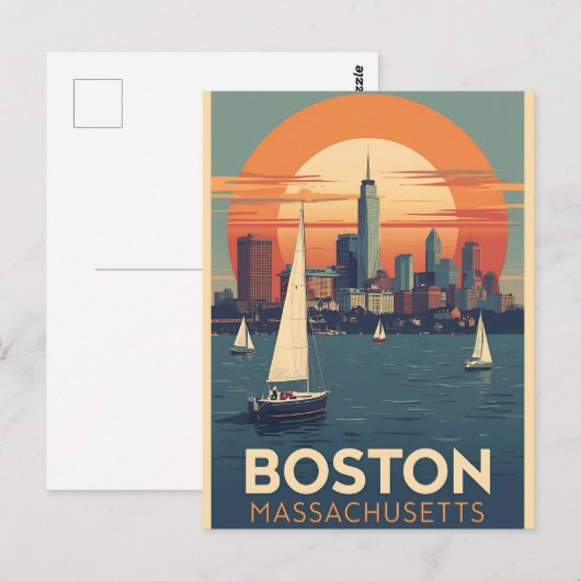 Retro Boston Skyline & Sailboats | Massachusetts Briefkaart (Voorkant / Achterkant)
