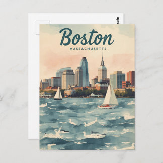 Retro Boston Skyline & Sailboats | Massachusetts Briefkaart