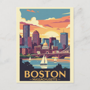 Retro Boston Vintage Reizen Zeilboten Haven Briefkaart