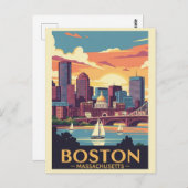 Retro Boston Vintage Reizen Zeilboten Haven Briefkaart (Voorkant / Achterkant)