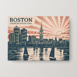 Retro Boston Zeilboten Skyline Art Classic Bold Button