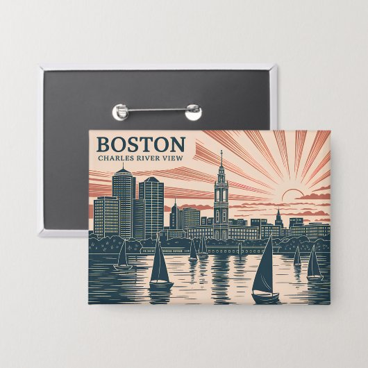 Retro Boston Zeilboten Skyline Art Classic Bold Button (Voorkant / Achterkant)