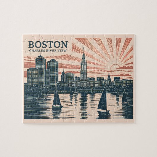 Retro Boston Zeilboten Skyline Art Classic Bold Legpuzzel (Horizontaal)