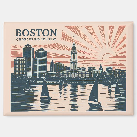 Retro Boston Zeilboten Skyline Art Classic Bold Magneet (Voorkant)