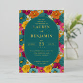 Retro Botanica and Teal Wedding Folie Uitnodiging (Staand Voorkant)