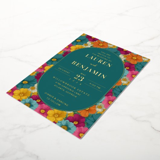 Retro Botanica and Teal Wedding Folie Uitnodiging (Gedraaid)