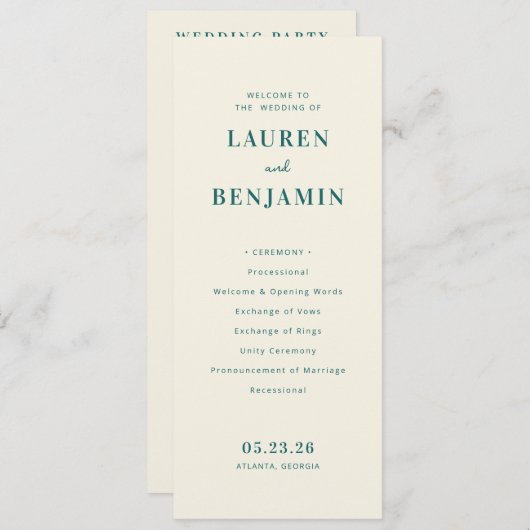 Retro Botanica and Teal Wedding Programmakaart (Voorkant / Achterkant)