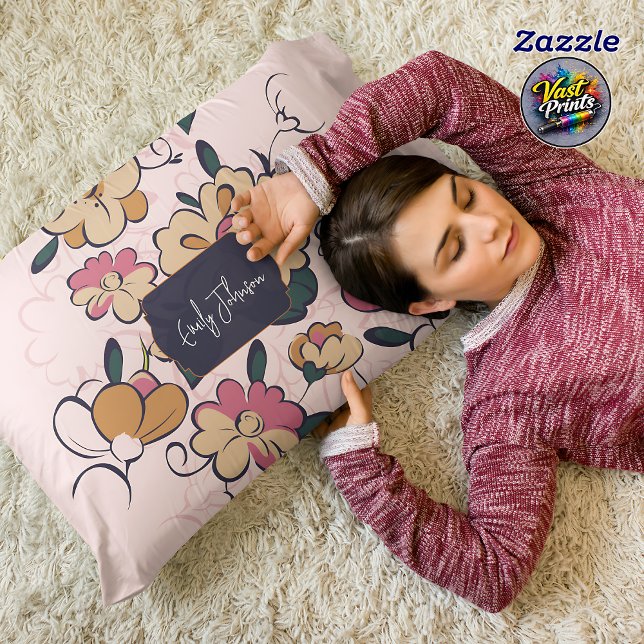 Retro Botanical Custom Name Pink Cream Beige Accent Kussen (Retro Botanical Custom Name Pink Cream Beige Accent Pillow)