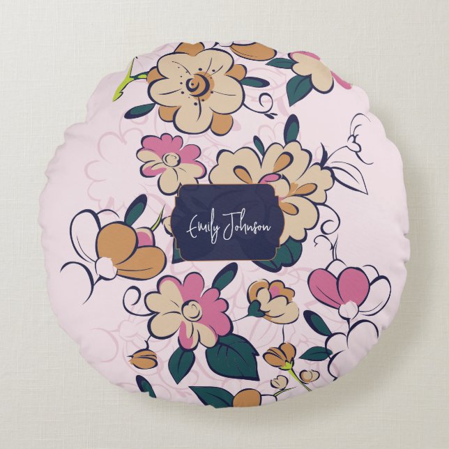 Retro Botanical Custom Name Pink Cream Beige Rond Kussen (Voorkant)